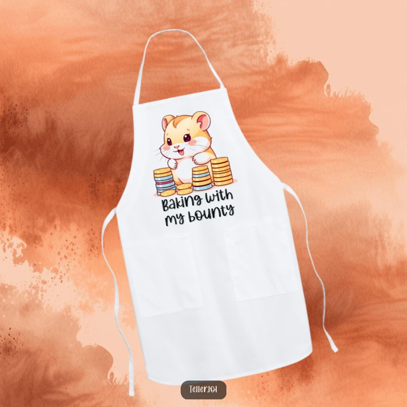 Funny apron showing a cute hamster cub happily counting colorful coins, great for cooking and baking.