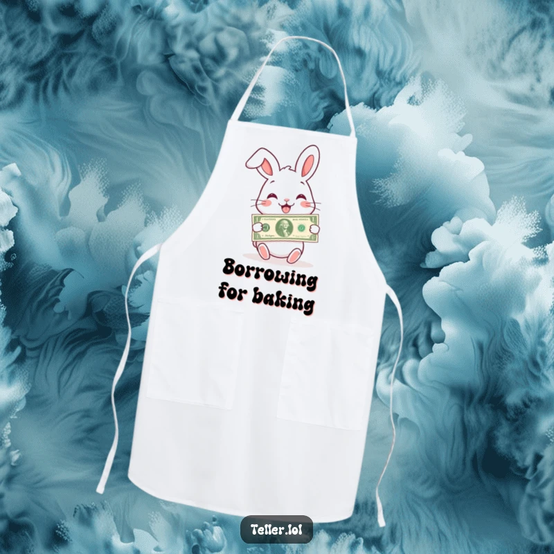 Funny apron showing a charming rabbit with a wide smile, handing over a banknote, great for cooking.