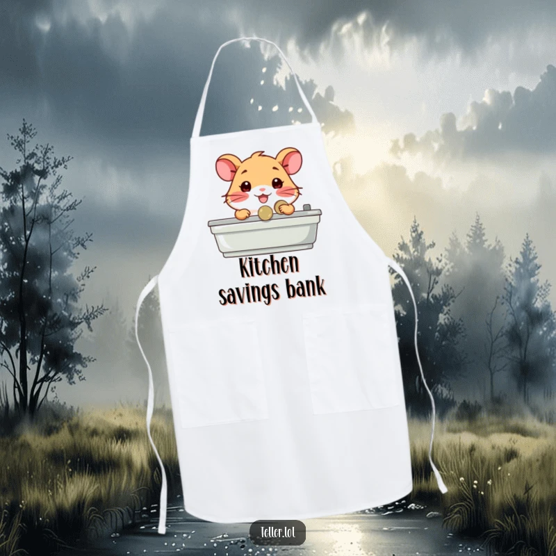 Funny apron showcasing a happy hamster character as a cashier, handing a coin over the counter, designed for cute kitchen transactions.