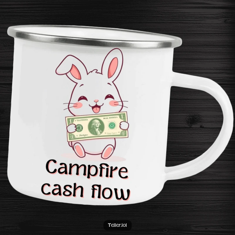 Funny camping mug with a charming rabbit with a wide smile, handing over a banknote, for outdoor use.