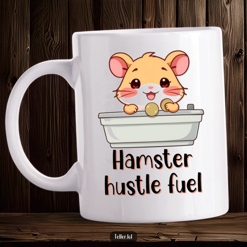 Funny mug depicting a happy hamster character diligently working behind a counter, handing over a shiny coin with a cheerful expression.