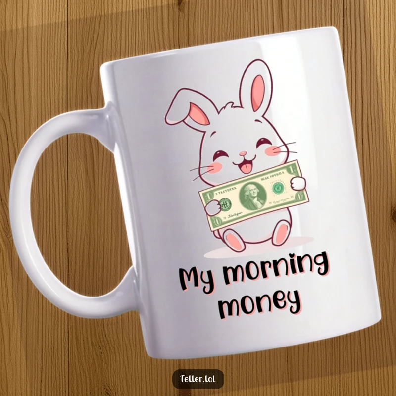 Funny mug featuring a charming rabbit with a wide smile, happily handing over a banknote with generosity.