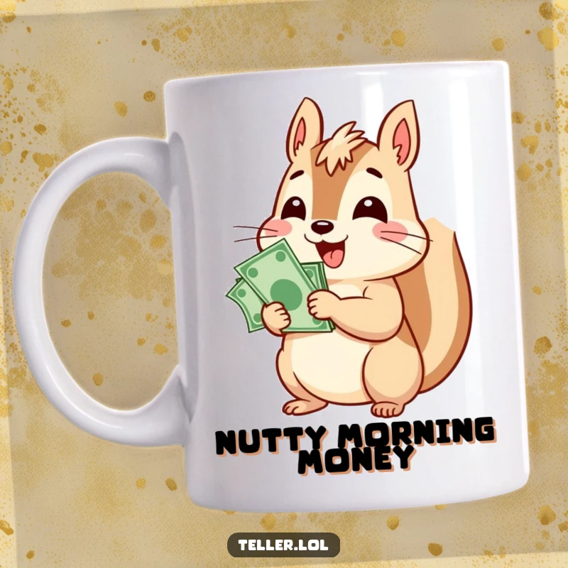 Funny mug featuring a cheerful squirrel character happily counting a tall stack of bills with a gleeful expression and energetic pose.