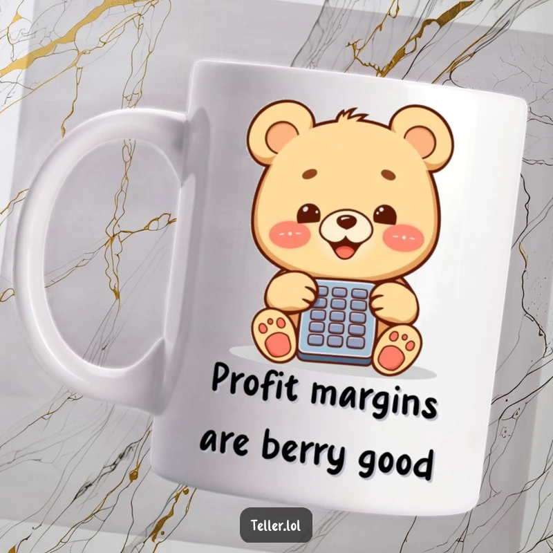 Funny bear cub with a cheerful expression operating a calculator, looking happy and focused on a white mug.