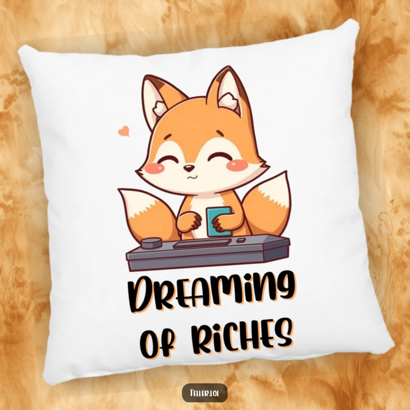 Funny Fox Pillow: A playful fox character offers a friendly nod while completing a transaction, bringing cozy humor to any room.
