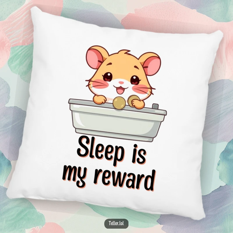 Funny decorative pillow featuring a happy hamster character behind a counter, handing a coin, symbolizing cute commerce and comfy vibes.