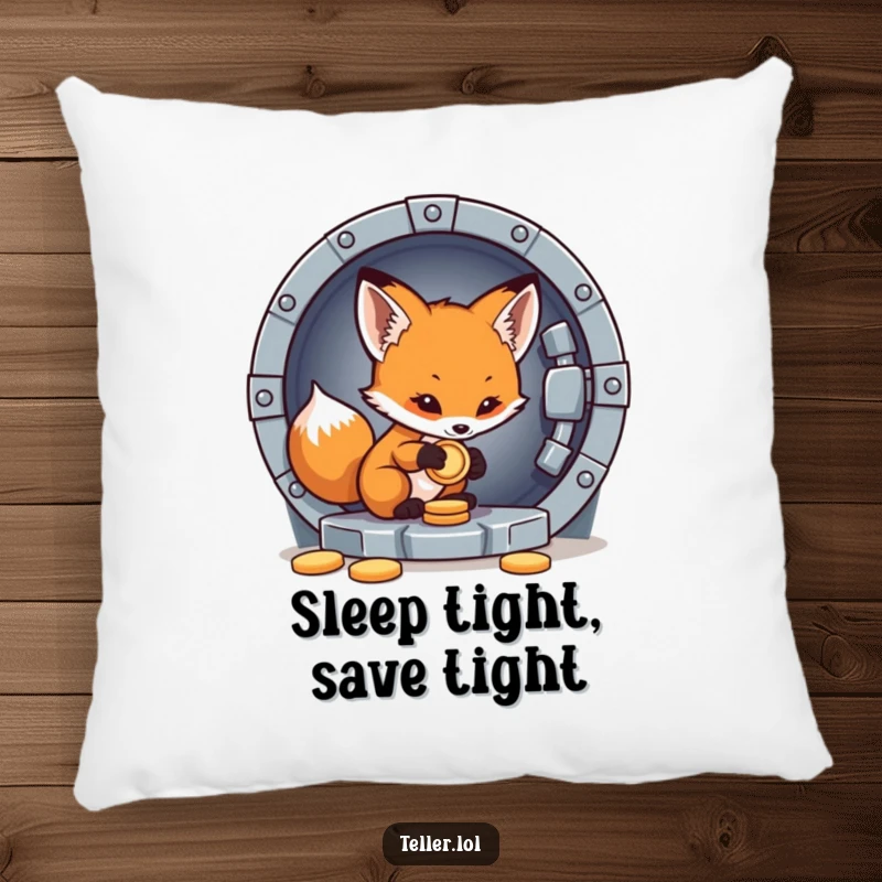 Funny pillow with a little fox cub character carefully placing a coin into a vault, ideal for comfort.