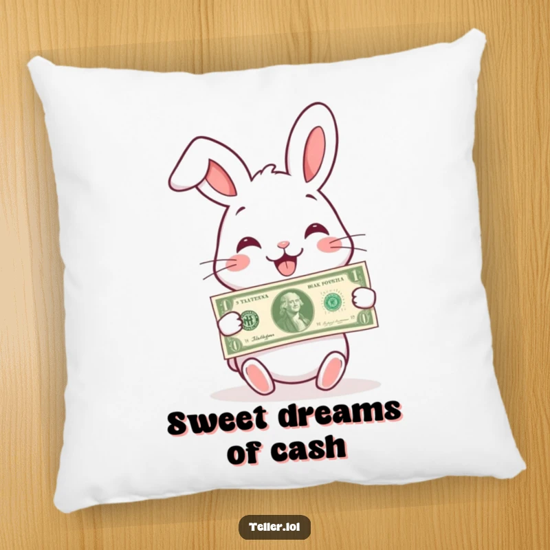 Funny pillow with a charming rabbit character with a wide smile, handing over a banknote, ideal for comfort.