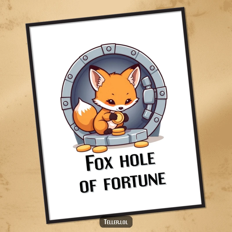 Funny digital art print of a little fox cub carefully placing a coin into a vault, ready for download.
