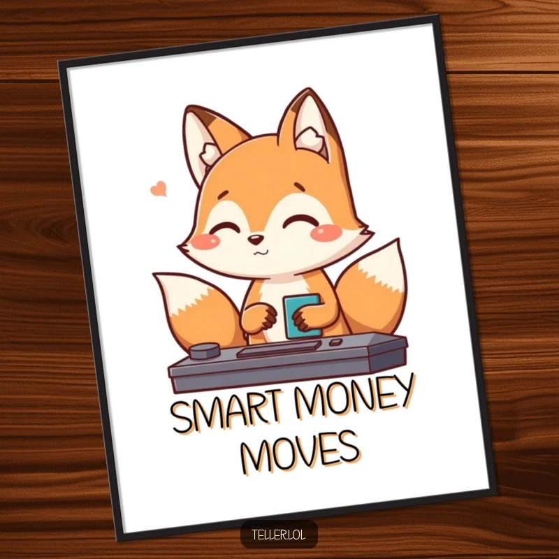 Funny Fox Digital Art: A playful fox character nods friendly while processing a transaction, a delightful piece of humorous art.