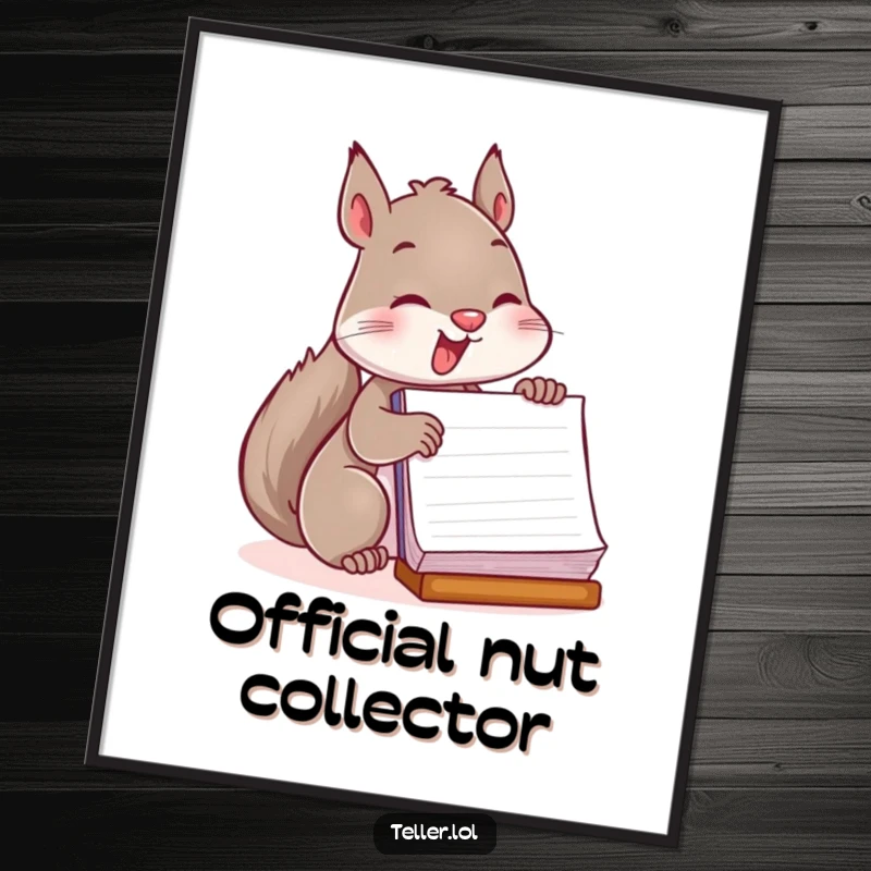 Funny digital art print of a playful squirrel enthusiastically stamping a large ledger, ready for download.