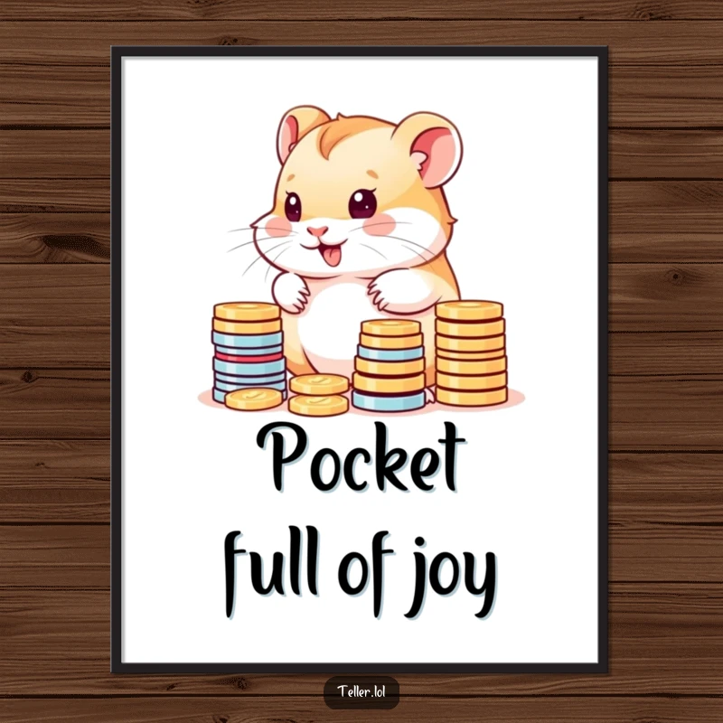 Funny digital art print of a cute hamster cub joyfully counting stacks of colorful coins, ready for download.