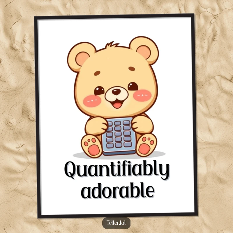 Digital art print of a funny, happy bear cub operating a calculator, ideal for instant home decor.