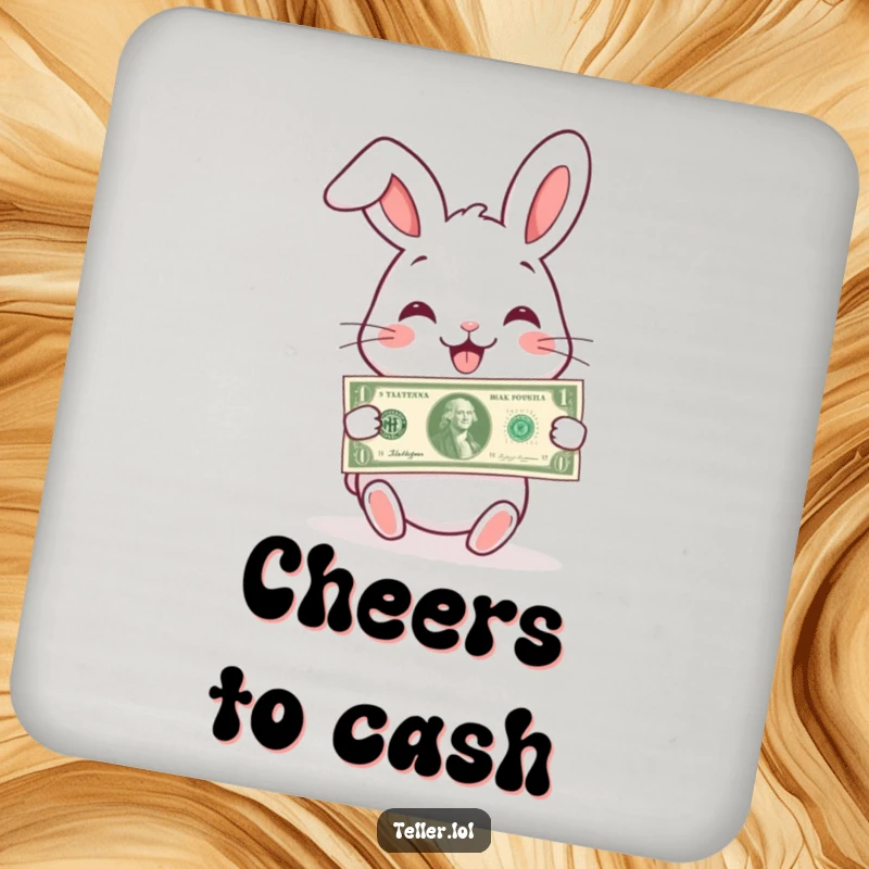 Funny drink coaster featuring a charming rabbit with a wide smile, handing over a banknote, protecting surfaces.