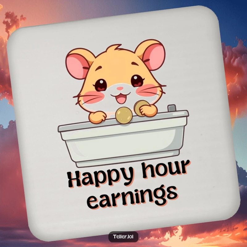 Funny drink coaster featuring a happy hamster character behind a counter, handing a coin, bringing cute commerce and surface protection.