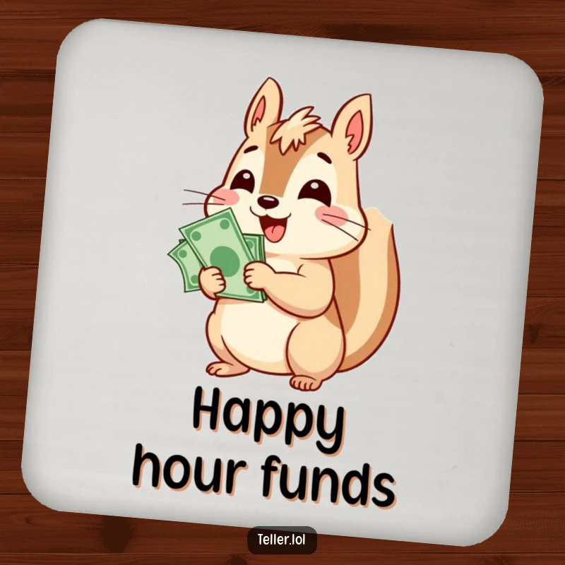 Funny drink coaster featuring a cheerful squirrel character counting bills, bringing cute finance and surface protection.