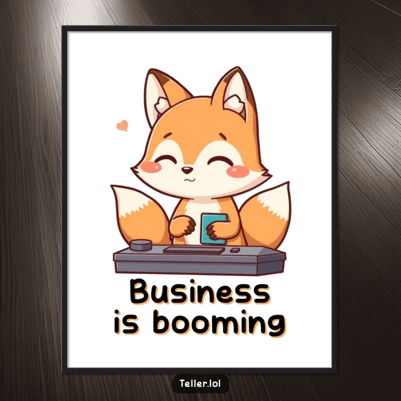 Funny Fox Poster: A playful fox character gives a friendly nod while processing a transaction, creating a humorous and welcoming atmosphere.