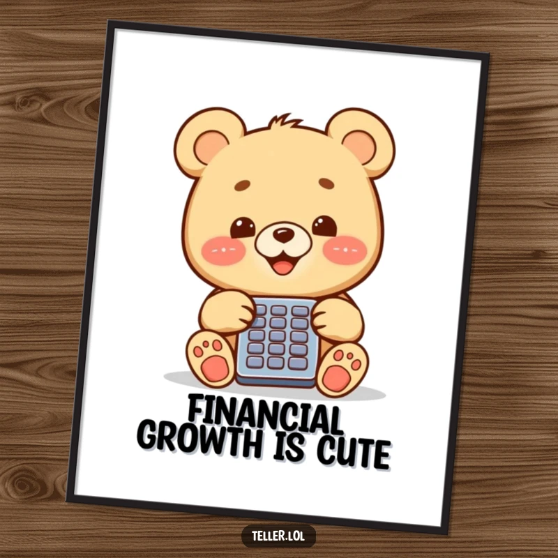 A happy, smiling bear cub using a calculator, presented as a charming and funny poster for wall decor.