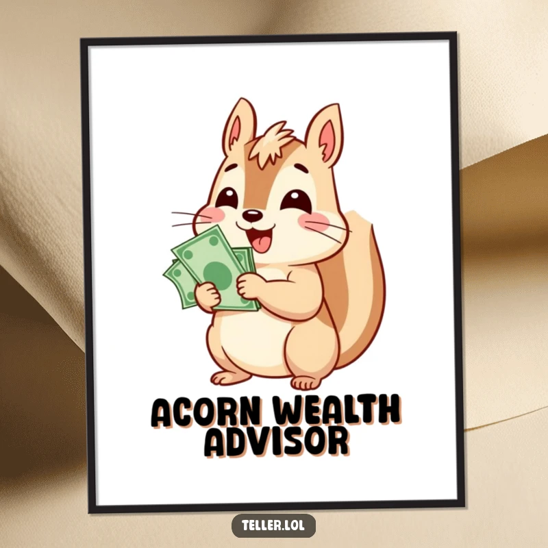 Funny poster of a cheerful squirrel character happily counting a large stack of bills with an exuberant and gleeful demeanor.