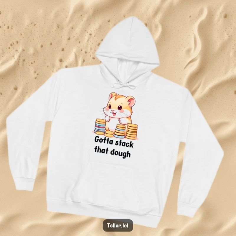 Funny hoodie featuring a cute hamster cub delightedly counting large stacks of colorful coins, symbolizing wealth.
