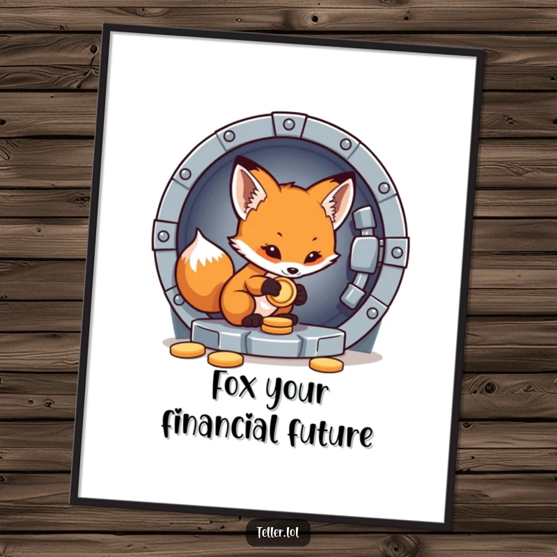 Funny Free Printable Wall Art: Adorable fox cub carefully placing a coin into a vault, a humorous statement on saving.