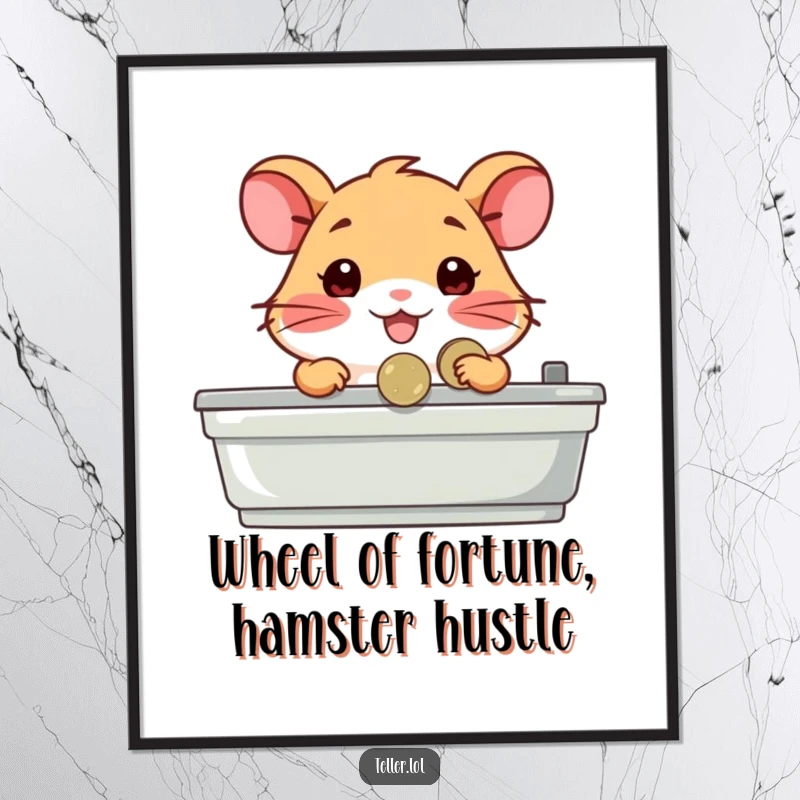 Funny Free Printable Wall Art: A happy hamster character stands behind a counter, diligently handing a single shiny coin.