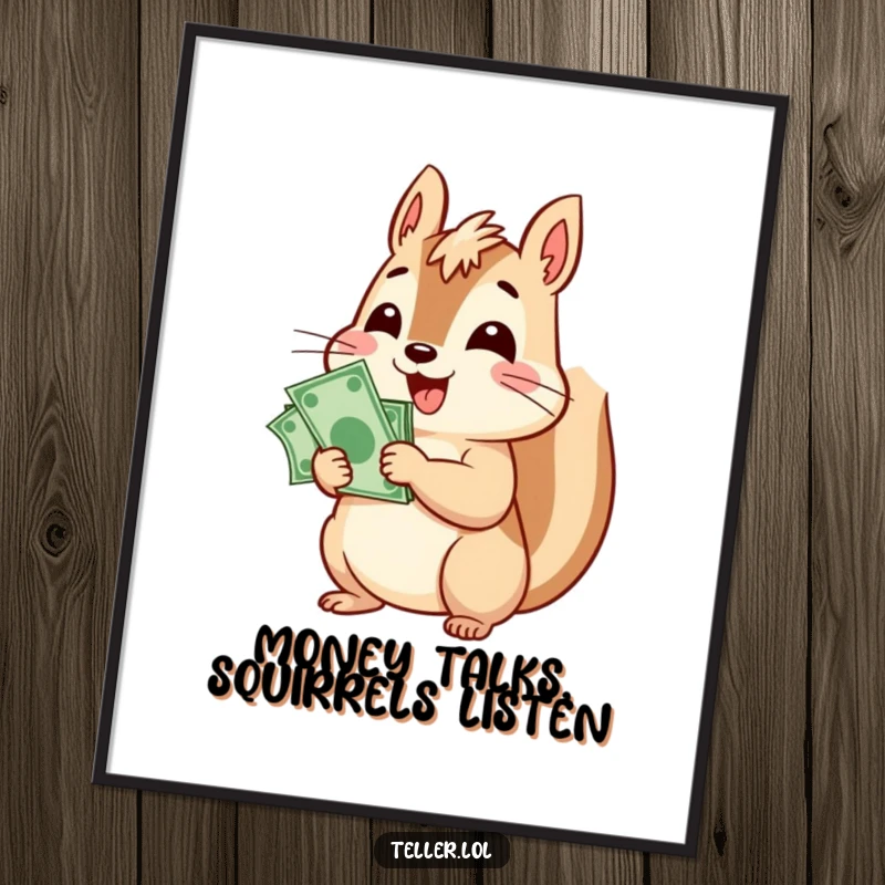 Funny Free Printable Wall Art: A cheerful squirrel character intently counts a substantial stack of paper bills with glee.