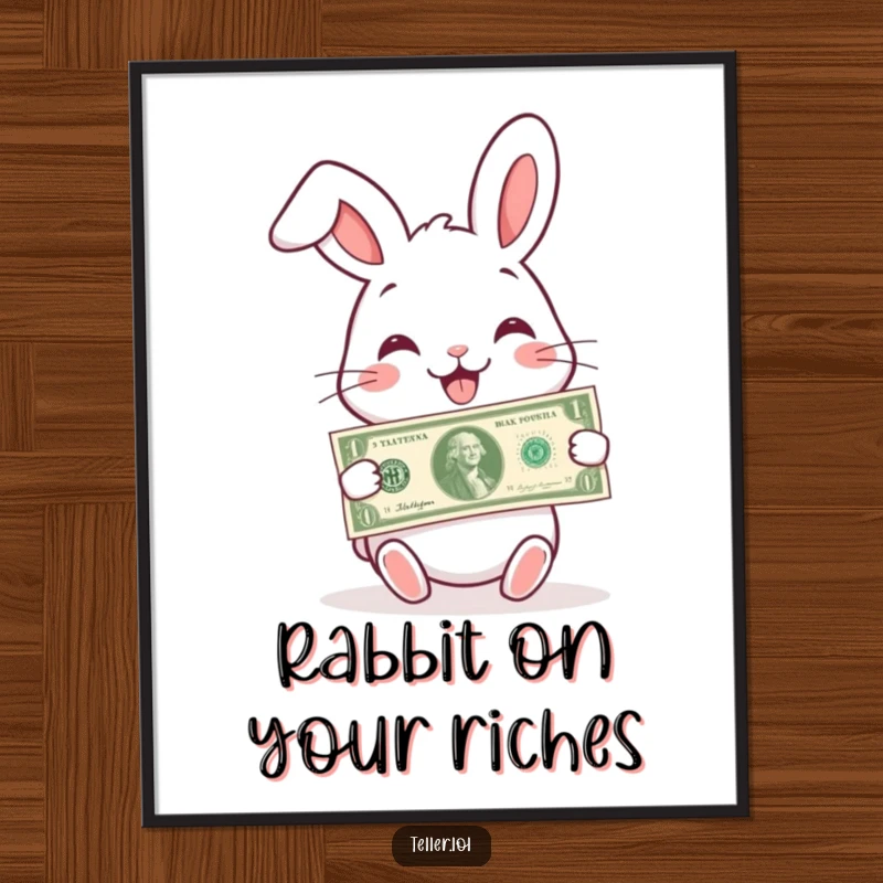 Funny Free Printable Wall Art: Adorable rabbit with a wide smile handing over a banknote, bringing whimsy to any space.