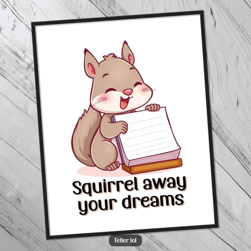 Funny Free Printable Wall Art: Energetic squirrel enthusiastically stamping a large ledger, adding a humorous touch to any wall.