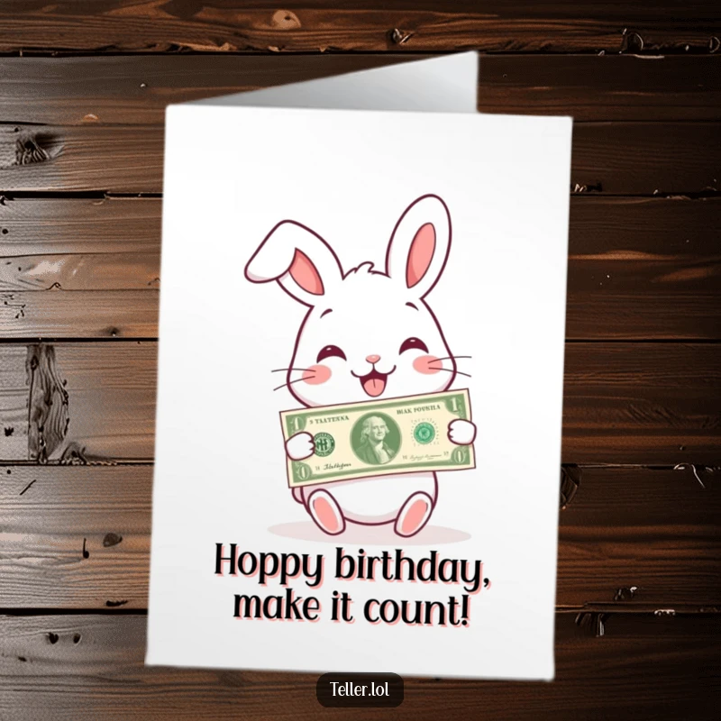Funny Free Printable Birthday Card: Charming rabbit with a big grin handing over a currency note for a birthday treat.