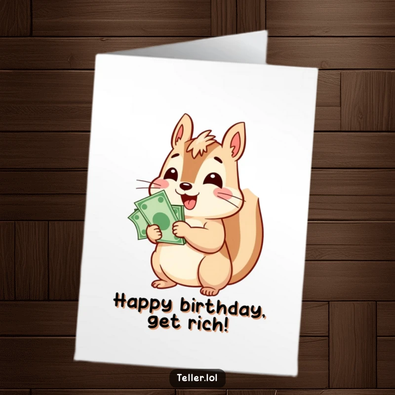 Funny Free Printable Birthday Card: A cheerful squirrel character happily counts a large stack of bills, celebrating wealth.