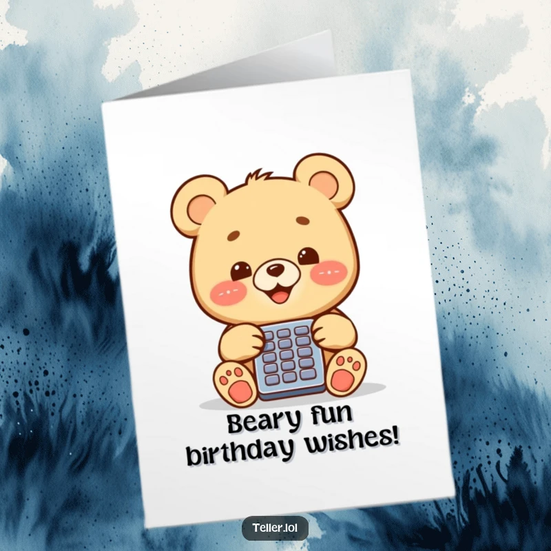 Funny Free Printable Birthday Card featuring a happy bear cub diligently working a calculator, ready to celebrate.