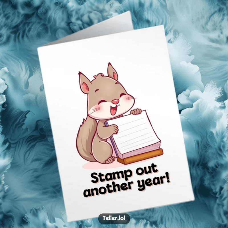 Funny Free Printable Birthday Card: Energetic squirrel enthusiastically stamping a large book, celebrating a birthday with official glee.