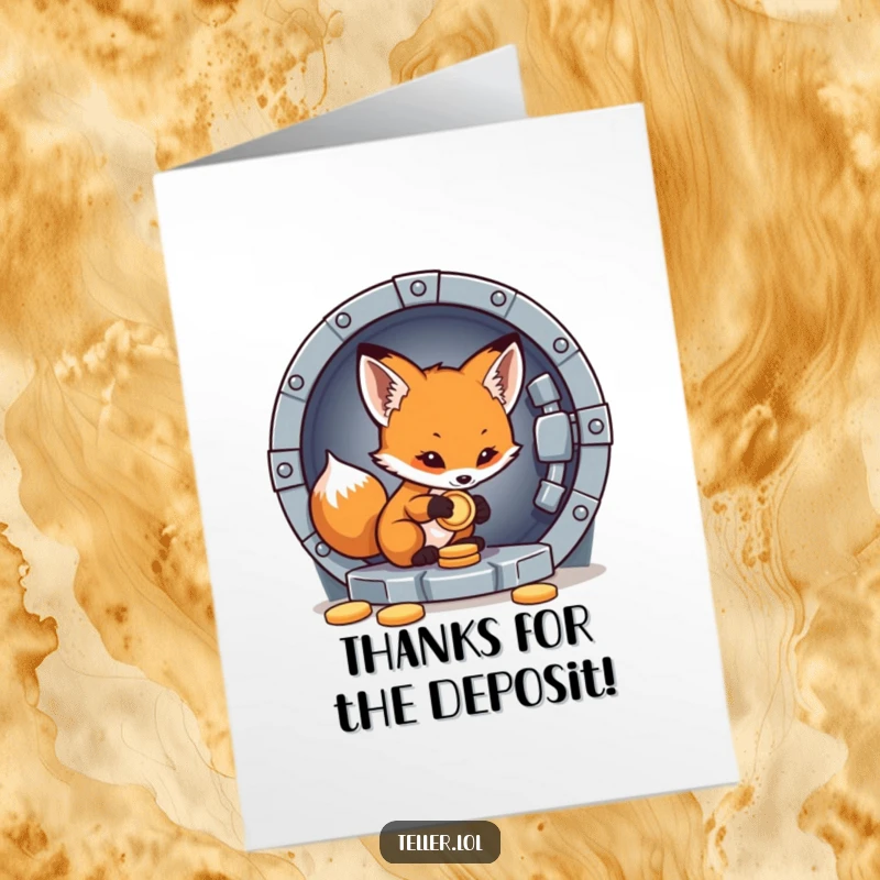 Funny Free Printable Thank You Card: Clever fox cub diligently saving a coin into a vault, a symbol of appreciated effort.