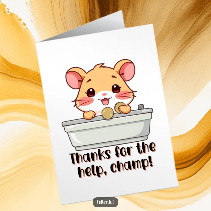 Funny Free Printable Thank You Card: A happy hamster behind a counter hands over a coin as a token of thanks.