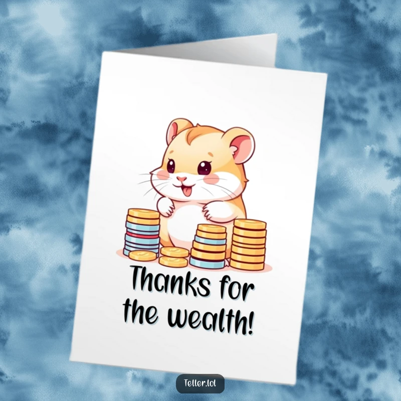 Funny Free Printable Thank You Card: Charming hamster cub happily counting colorful coins, a symbol of abundant thanks.