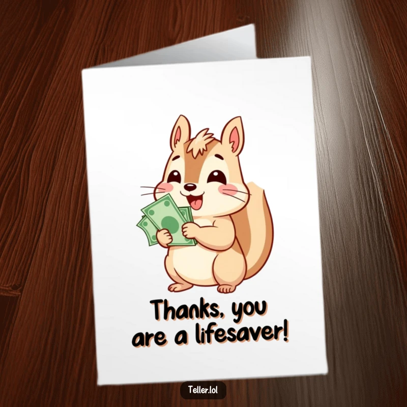Funny Free Printable Thank You Card: A cheerful squirrel character counts a stack of bills, symbolizing thanks for a generous gift.