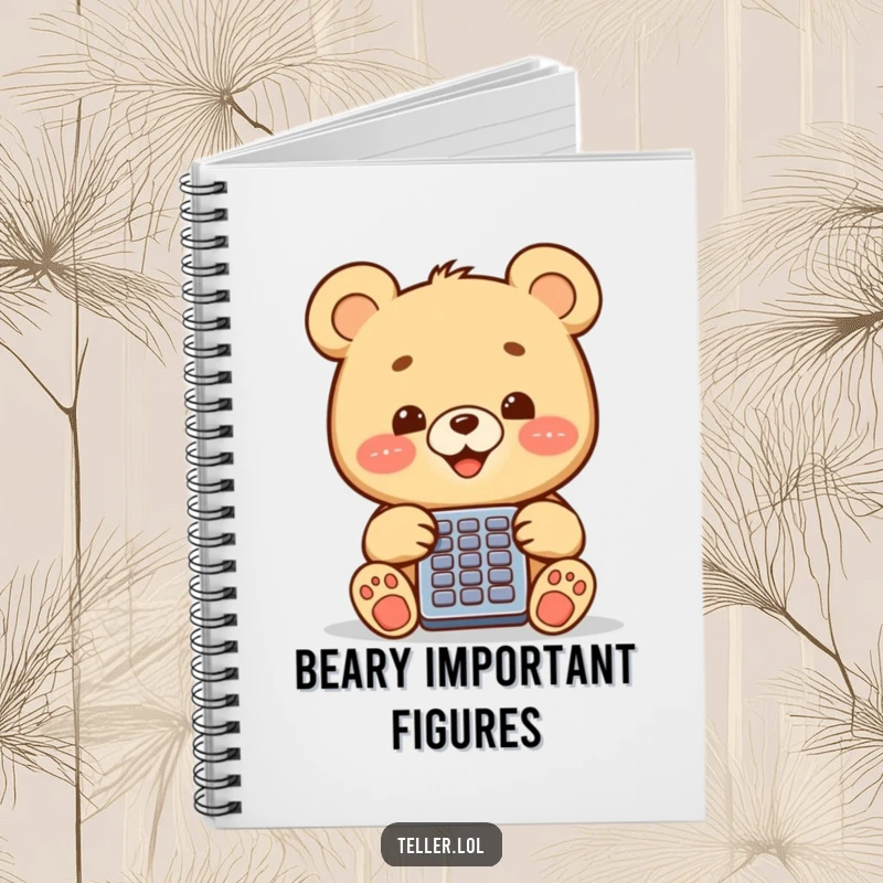 A cheerful bear cub using a calculator on the cover of a funny notebook, ready for notes.