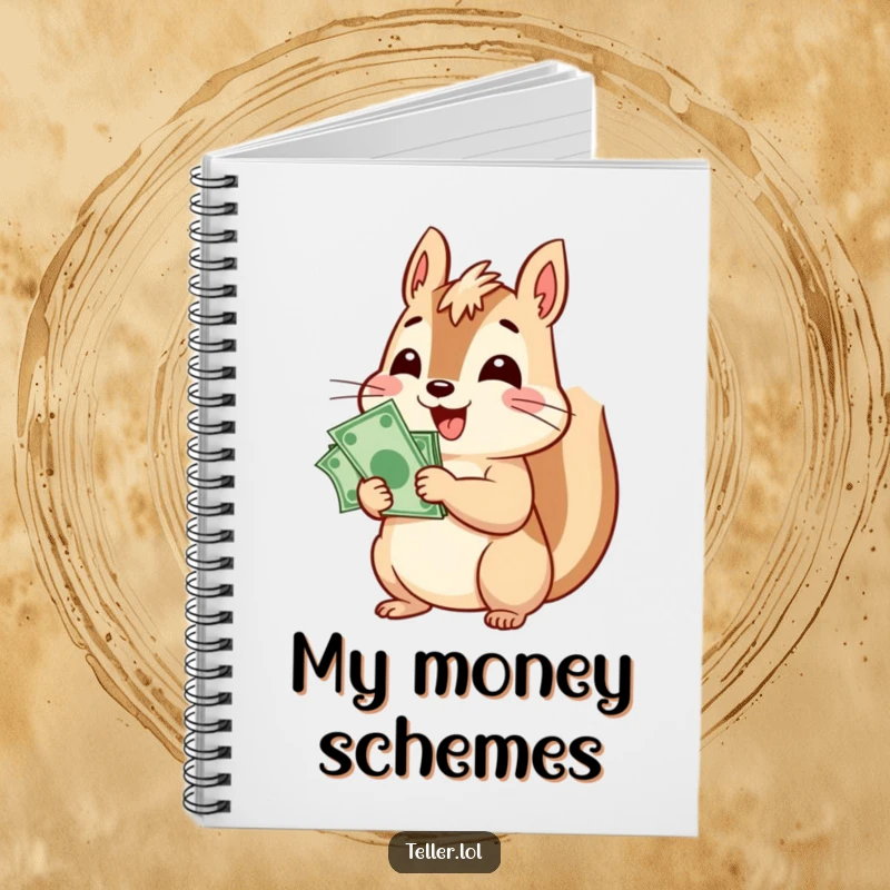 Funny notebook featuring a cheerful squirrel character counting bills, symbolizing financial planning and cute organization.