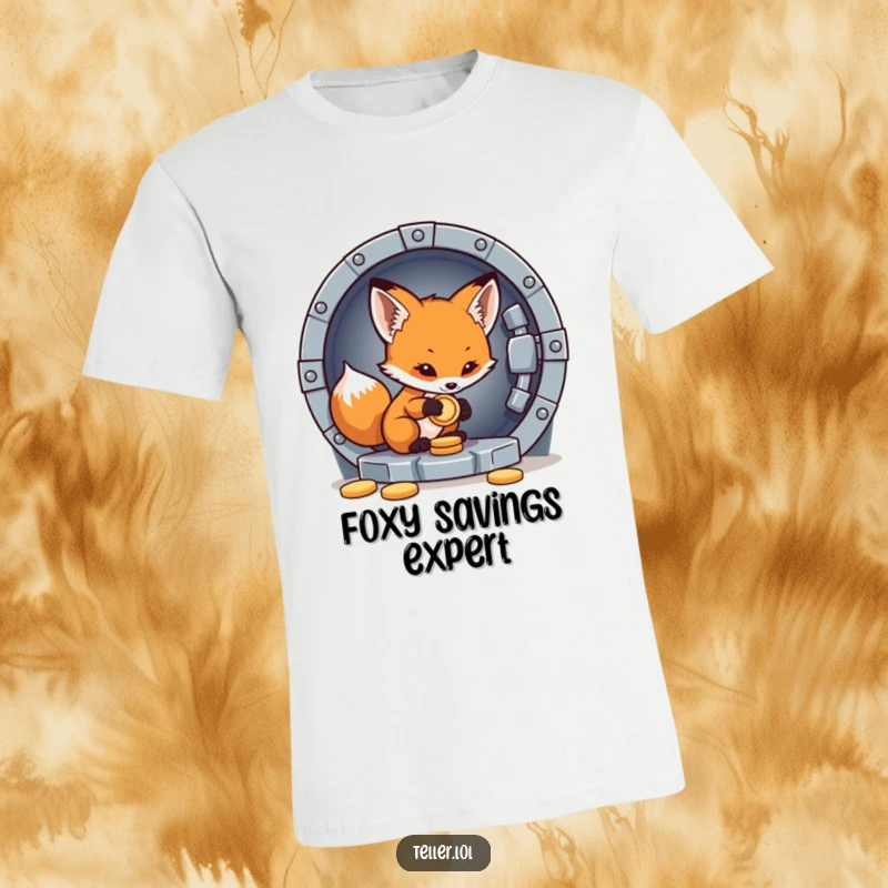 Funny t-shirt depicting a little fox cub carefully depositing a shiny coin into a secure vault.