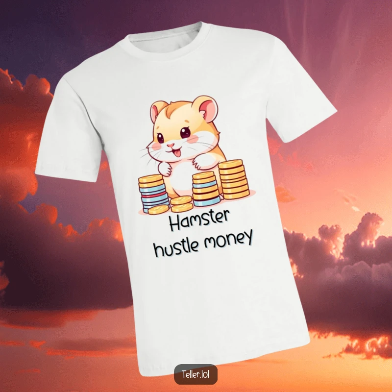 Funny t-shirt depicting a cute hamster cub happily stacking and counting colorful coins with enthusiasm.