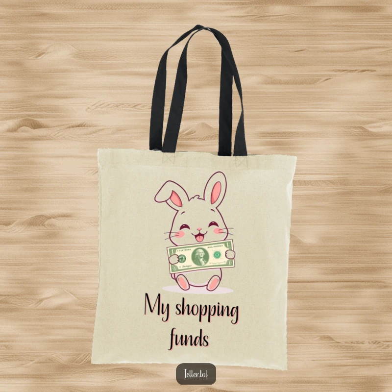 Funny tote bag showcasing a charming rabbit with a wide smile, handing over a banknote, great for carrying.