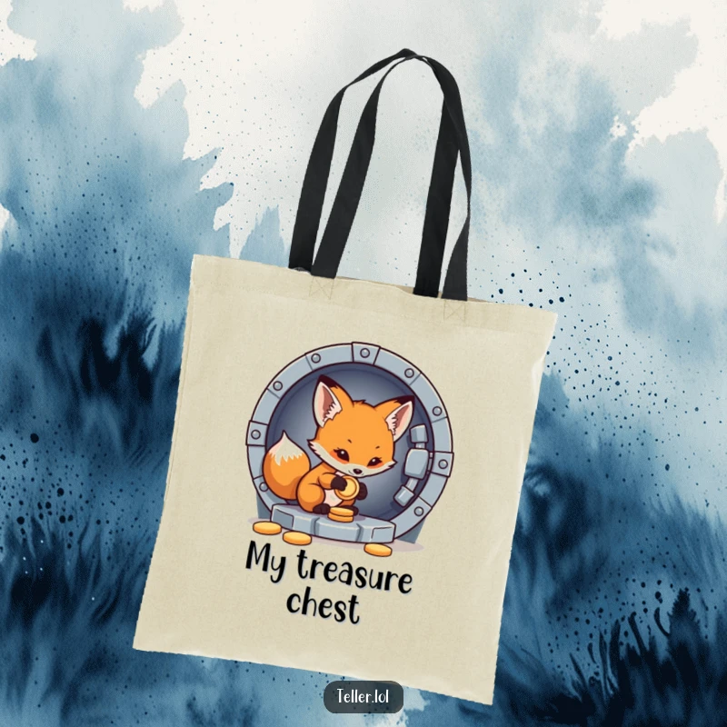 Funny tote bag showcasing a little fox cub carefully placing a coin into a vault, great for carrying.